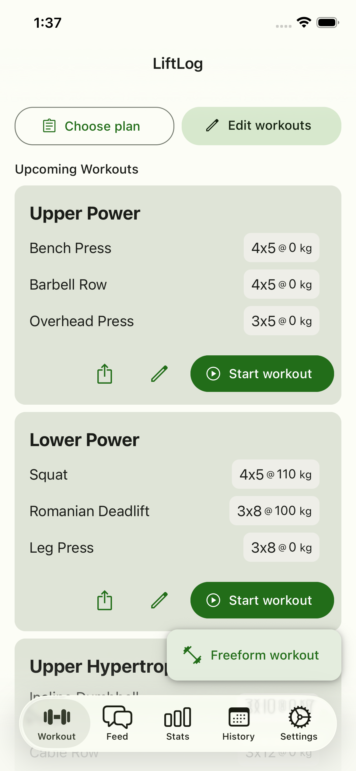Upcoming workouts screen